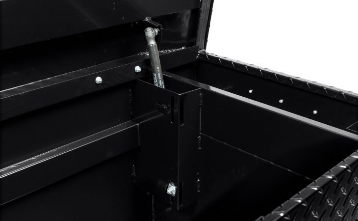 weather guard full size saddle truck toolbox 127-5-03 pi closeup of gas spring shield hinge in black
