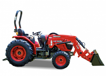 right side view of Branson 3620 Tractor with bucket lowered
