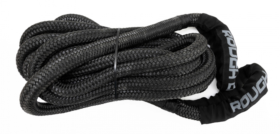 coiled and strapped black recovery rope with "ROUGH" on ends