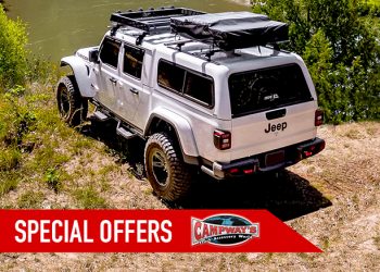 2020 Jeep Gladiator with an ARE Truck Cap, Thule roof bars and rooftop tent text overlay that reads "Special Offers" and the Campway's logo
