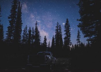 Adventure Truck with Milky Way above behind pine trees