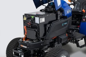 Close up of the Solectrac e25 electric tractor's lithium ion battery