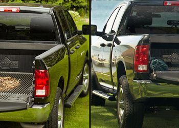 Two pickup trucks showing their new truck bed liners.
