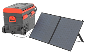 Rough Country 50L Electric Cooler plugged into a portable solar panel charger