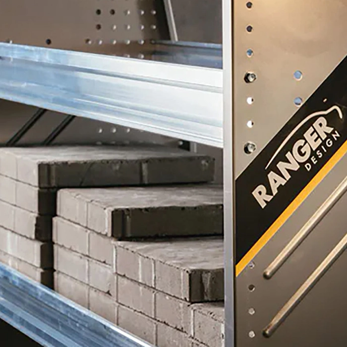 Ranger Design's composite aluminum van shelf holds a heavy load of materials.